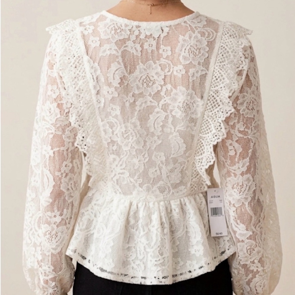 Aqua Ivory Lace V-Neck Peplum Top Size 0 Like New Sheer Sleeve Blouse - Picture 2 of 4